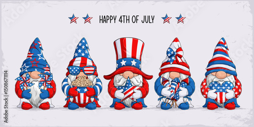 Set of cute gnomes in 4th of July disguise, holding firecrackers, popcorn, a heart in American flag pattern, celebrating veterans day