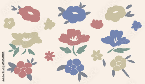 手書きの花のイラストセット 和風 ベクター(カラー)