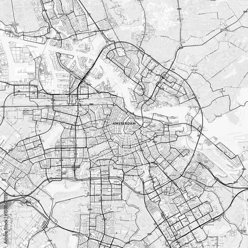 Photography Amsterdam Area Map with Labels and Neighborhoods - One color, minimalistic desig