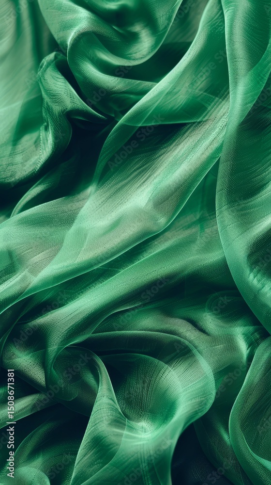 Fototapeta premium Elegant emerald green silk fabric with soft folds and luxurious texture, ideal for fashion or design projects