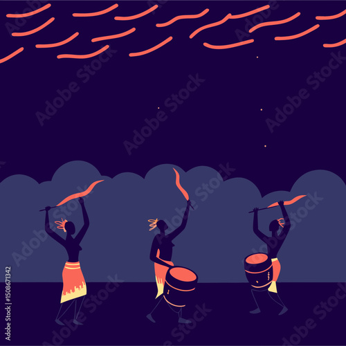 At the edge of a desert, a group of barefoot dancers spins and leaps as red dust swirls around them. Drums thunder from the shadows, and colored scarves whip like fire in the wind. Describe the scene 