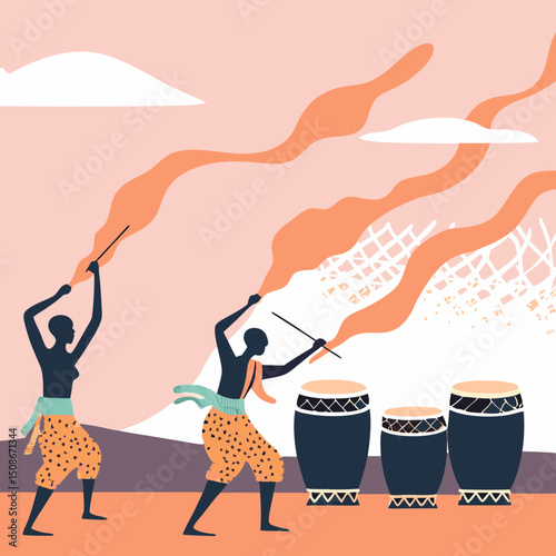At the edge of a desert, a group of barefoot dancers spins and leaps as red dust swirls around them. Drums thunder from the shadows, and colored scarves whip like fire in the wind. Describe the scene 