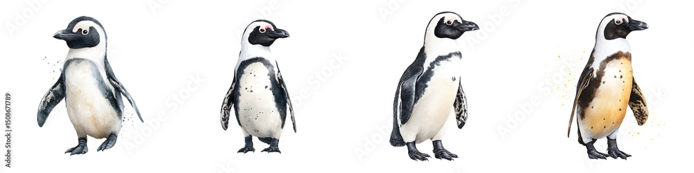 Fototapeta premium Charming, playful penguins in various poses showcasing their unique expressions, ideal for nature-themed designs, educational materials, or wildlife conservation awareness.