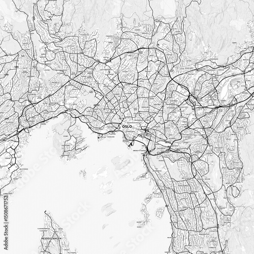 Photography Oslo Area Map with Labels and Neighborhoods - One color, minimalistic design
