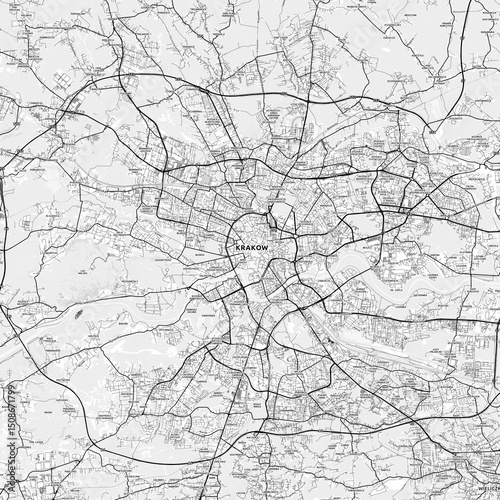 Kraków Area Map with Labels and Neighborhoods - One color, minimalistic design