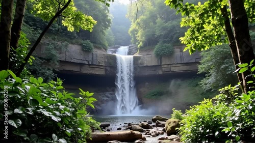 Waterfall Cascading Down Rocky Cliff into Pool Nature Scene