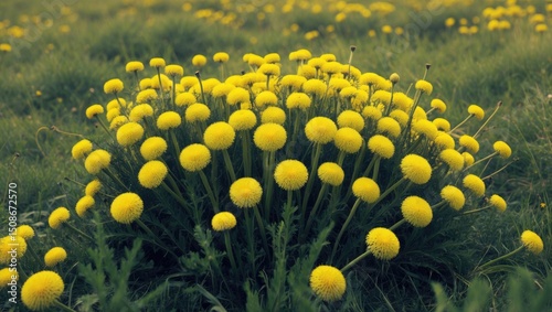 A bush of yellow dandelions growing in a meadow