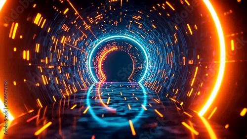 Neon circles frame a digital tunnel, filled with abstract sparks and reflections, creating a futuristic, dimensional effect