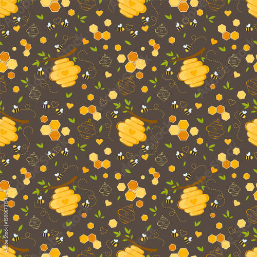 Seamless pattern with beehive and bees, honeycomb and leaves on brown background.
