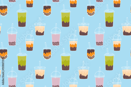 Seamless pattern with bubble tea. Repeating print with cold boba cocktail in glasses with straw. Vector illustration