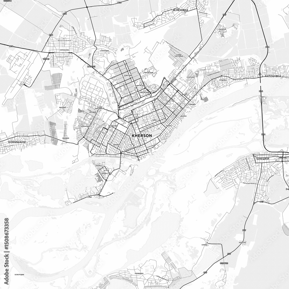 Obraz premium Kherson Area Map with Labels and Neighborhoods - One color, minimalistic design