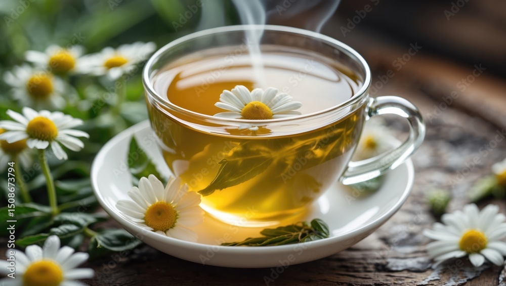 Cup Of Herbal Tea With Camomiles Close Up. With Empty Copy Space For Text Cup Of Herbal Tea With Camomiles Close Up. With Empty Copy Space For Text