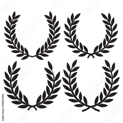  Laurel Wreath Vector Icon Set, Circular foliate laurels branches. Laurel wreath silhouette. Trophy crest. Greek olive branch award, winner round emblem
