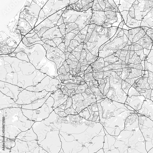 Bristol Area Map with Labels and Neighborhoods - One color, minimalistic design