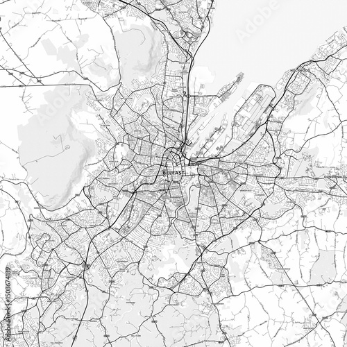Belfast Area Map with Labels and Neighborhoods - One color, minimalistic design