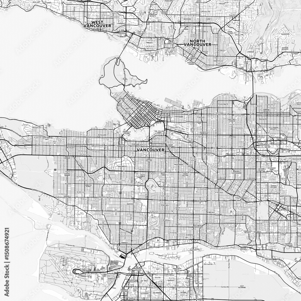 Obraz premium Vancouver Area Map with Labels and Neighborhoods - One color, minimalistic design