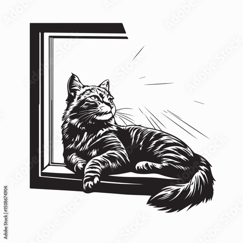 Fluffy Black Cat Resting on Window Sill Image vector isolated on white background
