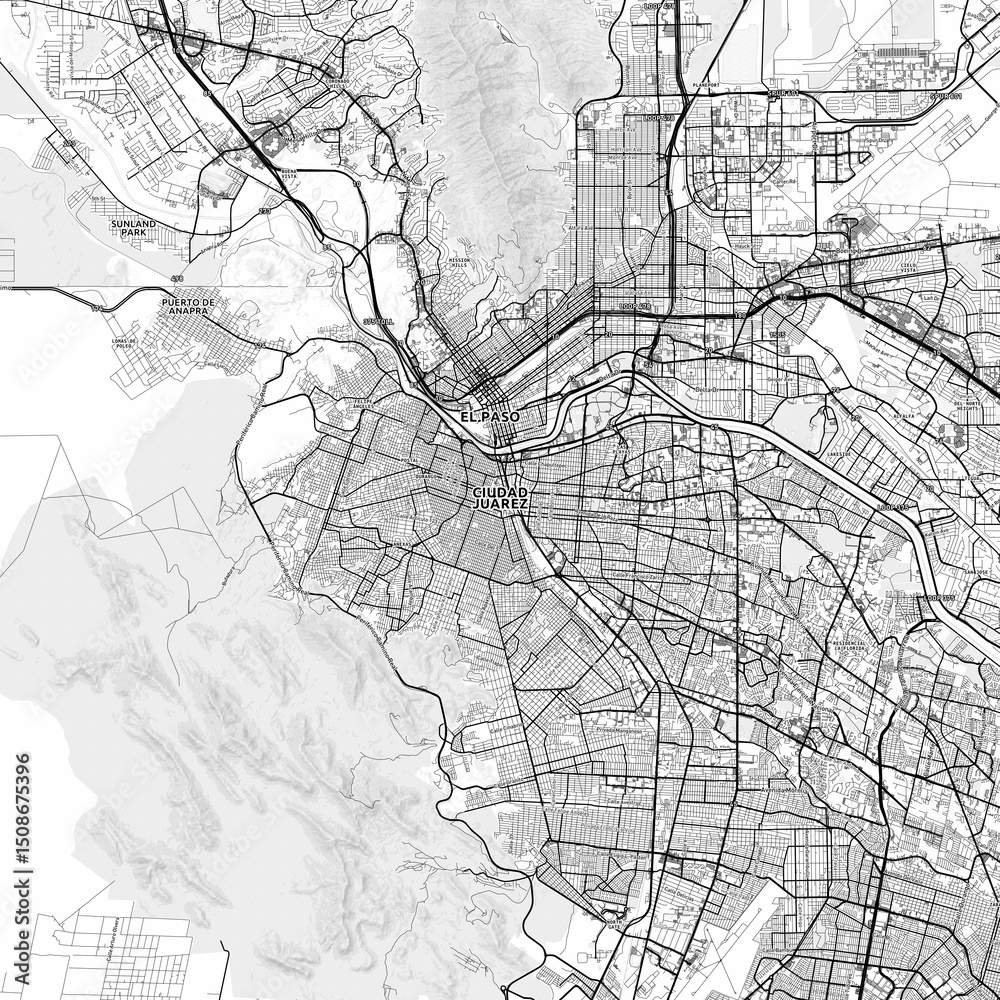 Fototapeta premium Juárez Area Map with Labels and Neighborhoods - One color, minimalistic design