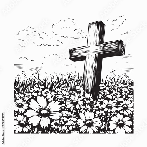 Cross Amidst Field Flowers Image vector isolated on white background