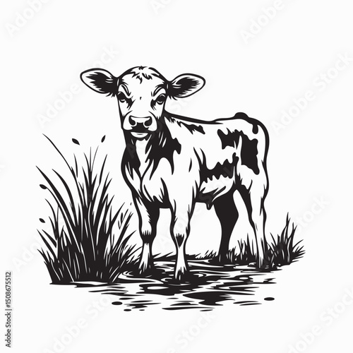 Cute Calf in a shallow stream in a meadow image vector isolated on white background.