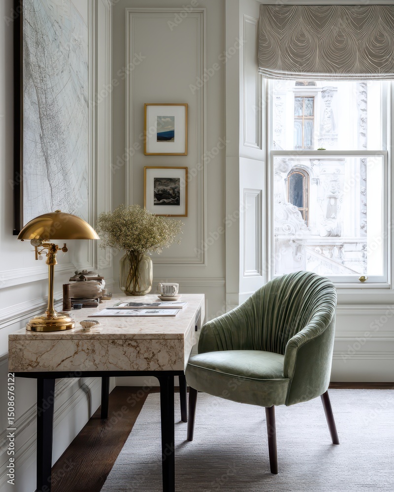 Fototapeta premium Light-filled study nook with a marble desk and a sage green chair.