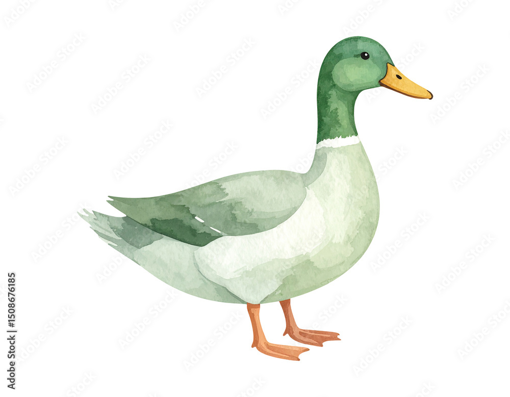Obraz premium Cartoon watercolor illustration of duck. Animal clipart illustration.