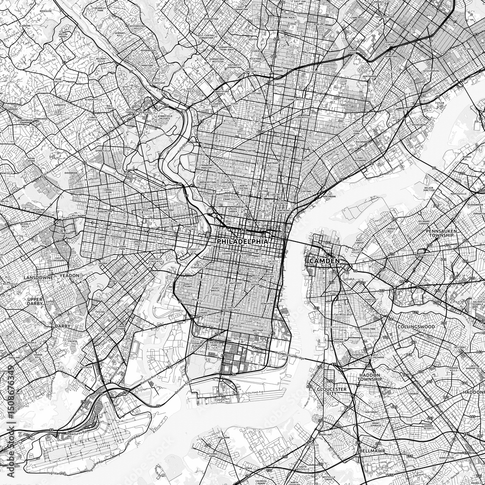 Naklejka premium Philadelphia Area Map with Labels and Neighborhoods - One color, minimalistic design
