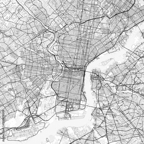Philadelphia Area Map with Labels and Neighborhoods - One color, minimalistic design