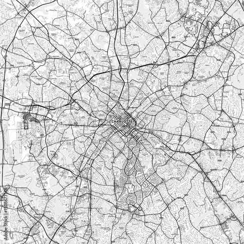 Charlotte Area Map with Labels and Neighborhoods - One color, minimalistic design