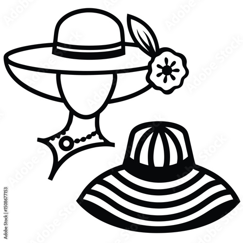Elegant woman s hat icon set featuring stylish ladies fashion showcasing various hat designs suitable for icons logos or graphic design projects with vector elements
