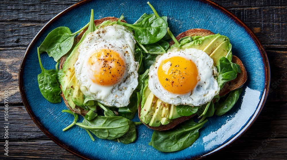 Avocado Toast With Fried Eggs And Spinach On A Blue Plate Avocado Toast With Fried Eggs And Spinach On A Blue Plate