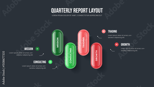 Investor Showcase Frame Template Vector Illustration. Financial Analysis Four Element Infographic Presentation Design. Marketing Development 4 Option Diagram Slideshow Layout.