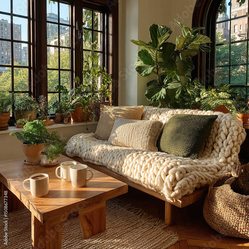 A sunlit living room, complete with cozy sofa, plants, and a warm, inviting atmosphere.