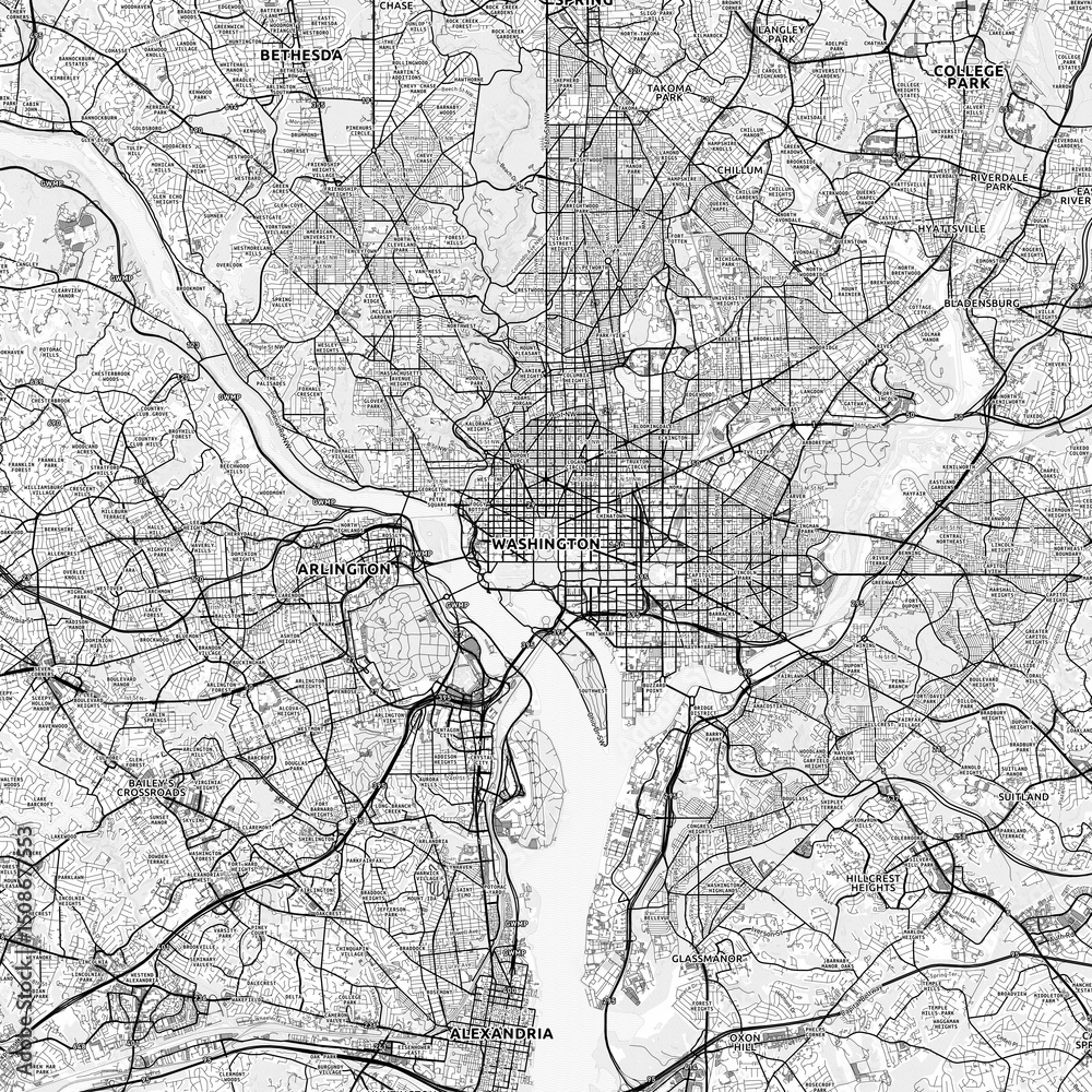 Naklejka premium Washington Area Map with Labels and Neighborhoods - One color, minimalistic design