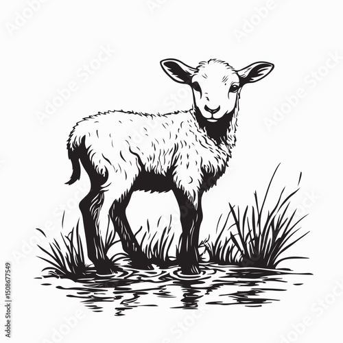 Cute lamb in a shallow stream in a misty meadow image vector isolated on white background