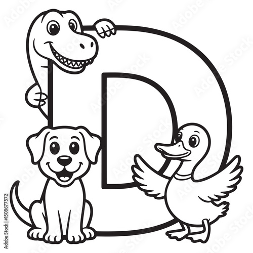 Alphabet Letter D with Dog and Duck – Animal Friends Line Art Alphabet Coloring Page for Kids' Early Learning