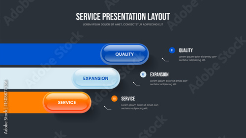 Market Strategy Presentation Template Vector Illustration. Product Insight 3 Step Diagram Slideshow Design. Visual Analysis Three Element Infographic Frame Layout.
