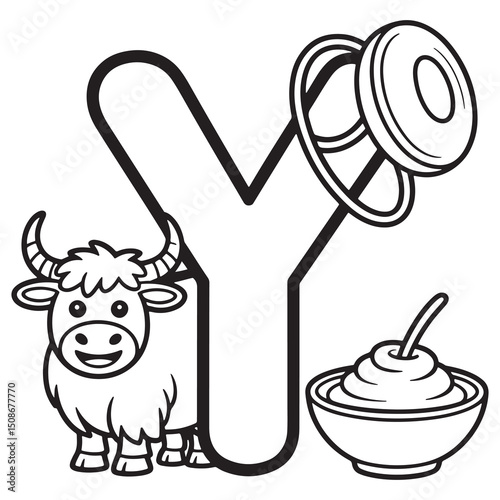 Alphabet Letter Y with Yogurt and Yoyo – Yummy Playful Cartoon Line Art Alphabet Page for Young Learners