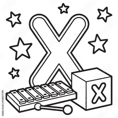 Alphabet Letter X with Xylophone and X Marks – Bold and Musical Line Art Alphabet Drawing for Early Learners