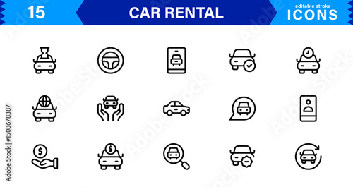 Professional Car Rental Icon Set Featuring Vehicle, Location, Booking, Key, and Transportation Symbols in a Clean, Modern, Vector-Based Style