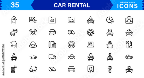 Professional Car Rental Icon Set Featuring Vehicle, Location, Booking, Key, and Transportation Symbols in a Clean, Modern, Vector-Based Style