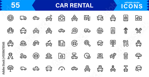 Professional Car Rental Icon Set Featuring Vehicle, Location, Booking, Key, and Transportation Symbols in a Clean, Modern, Vector-Based Style