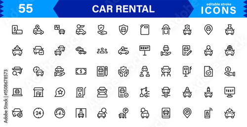 Professional Car Rental Icon Set Featuring Vehicle, Location, Booking, Key, and Transportation Symbols in a Clean, Modern, Vector-Based Style