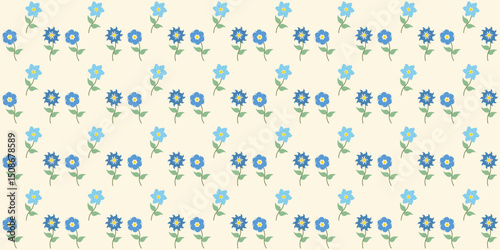 Seamless Blue Floral Pattern with Small Flowers on Cream Background