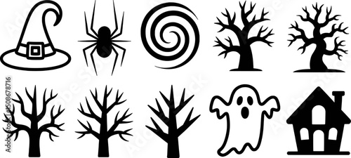 Halloween icons witch hat spider trees ghost house