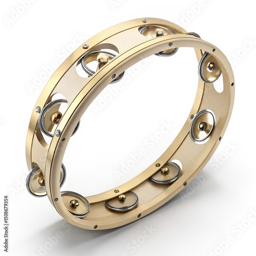 Elegant Golden Tambourine Percussion Instrument Close-up, Music , Rhythm