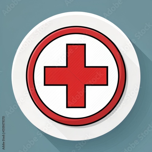 Red Medical Cross Icon in Circle Frame, Healthcare, First aid