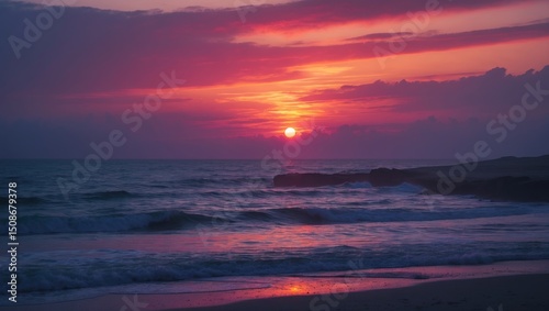Sunset in a colourful light over the ocean with waves.