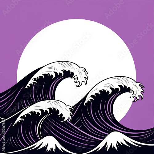 Purple Hues Retro Waves and Crescent Moon Illustration, Ocean , Art
