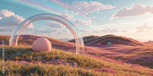 Dreamscape with Spheres and Glass Arch on Hilly Meadow, Surreal, Fantasy